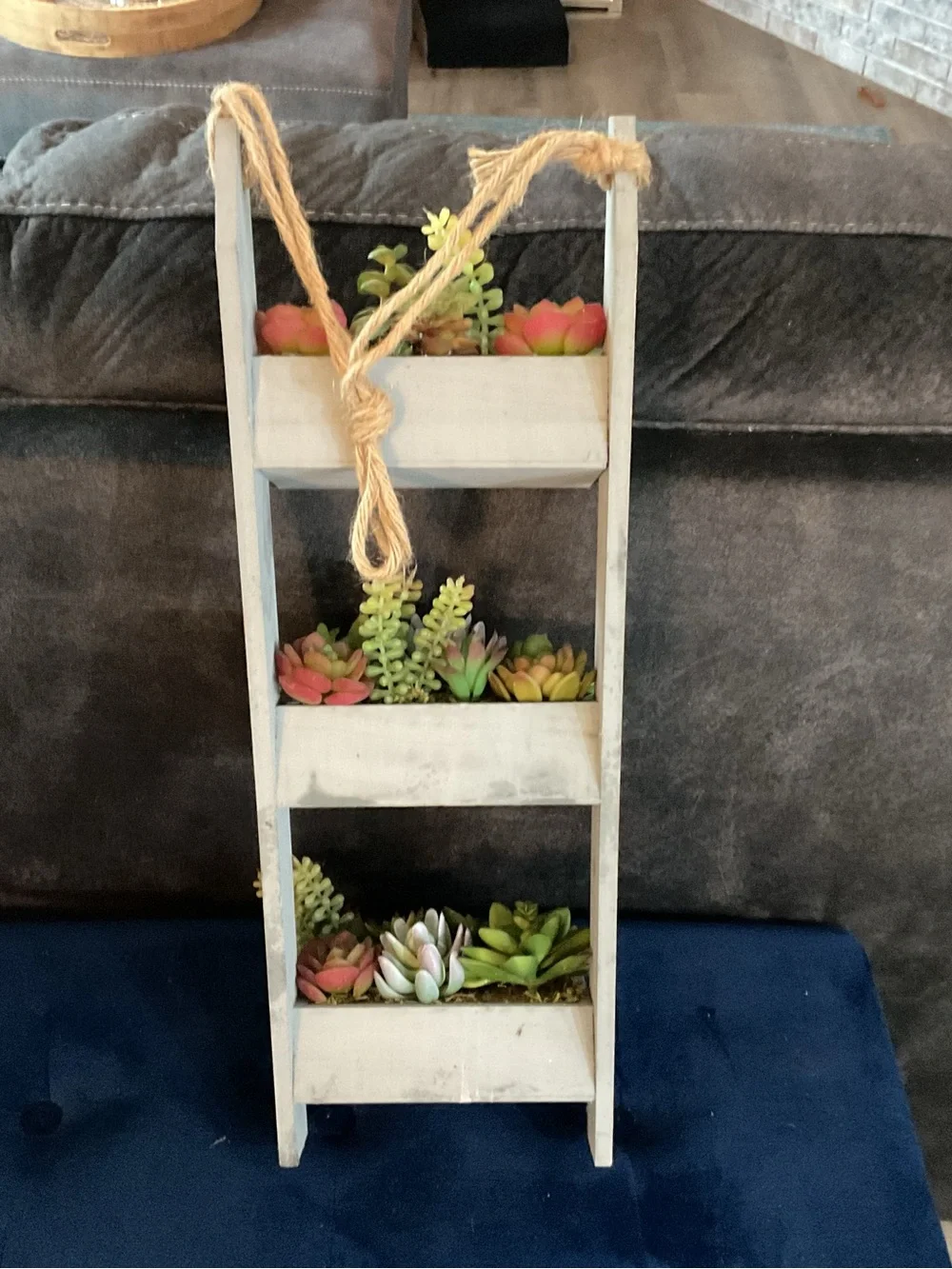 Rustic Hanging Ladder Planter with Green Succulents